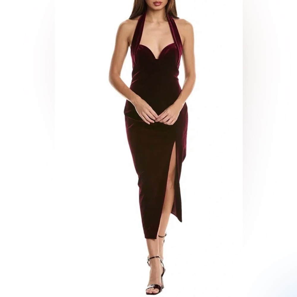 Nicholas Elegant Burgundy Velvet Halter Dress